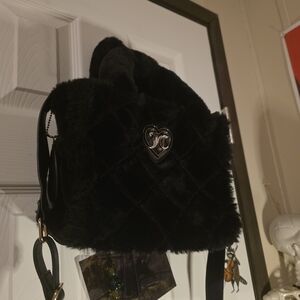 Elegant Black Faux Fur Mini Bag with Heart Detail
